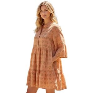 Rhea Tan Beige Boho Tiered Viscose Mini Dress M L Long‎ Sleeve NWT Peasant